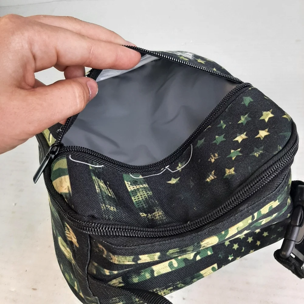 🛍Bass Fish Patriotic Camouflage Flag Insulated Zipper Lunch Bag Bottle Pocket